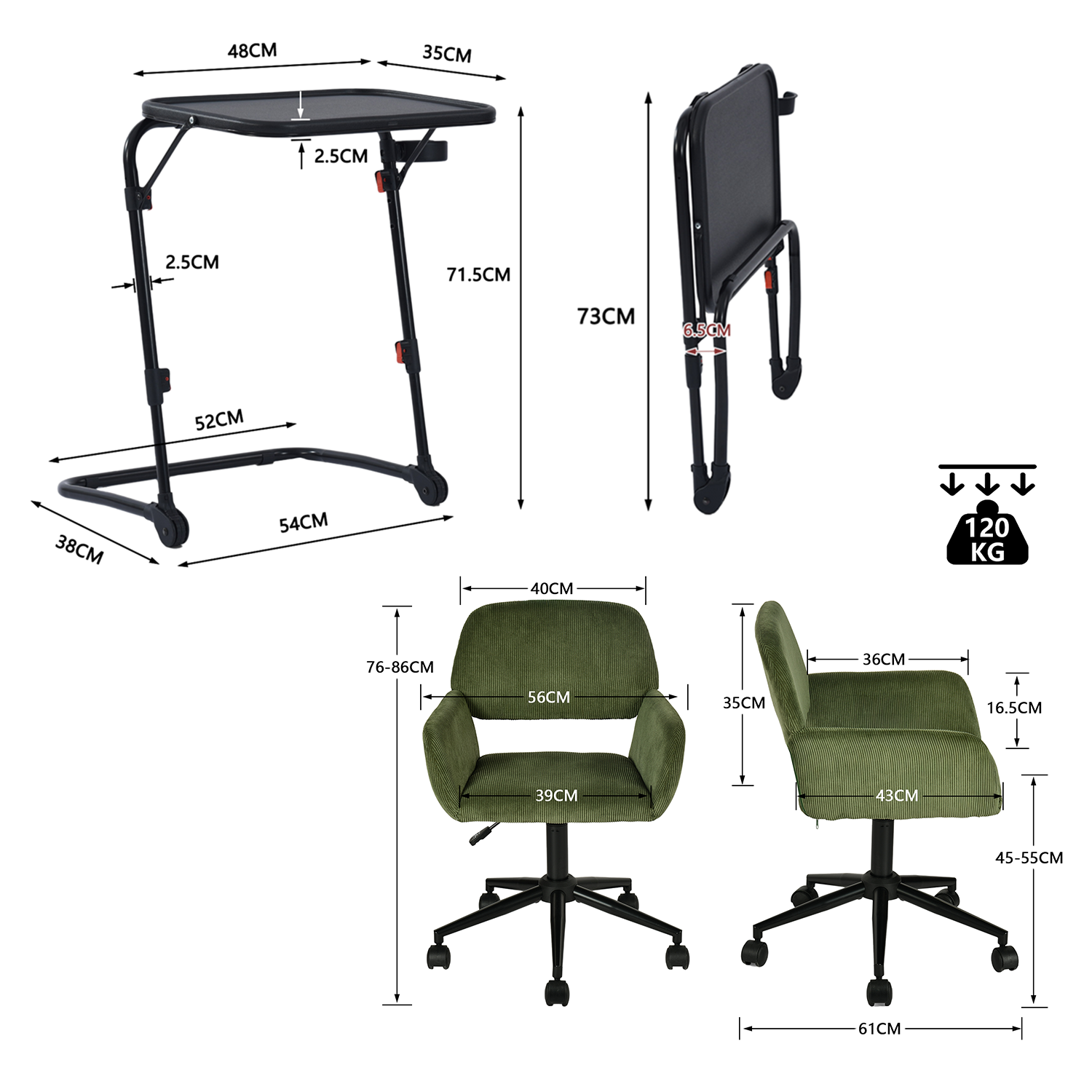 Ensemble avec table d’appoint noire pliable et fauteuil de bureau en velours côtelé vert olive - BASELINE & ROSS