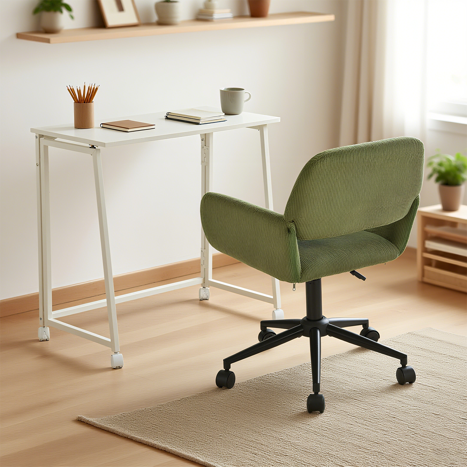 Ensemble avec bureau pliable blanc à roulettes et fauteuil en velours côtelé vert olive - ASCOLI & ROSS