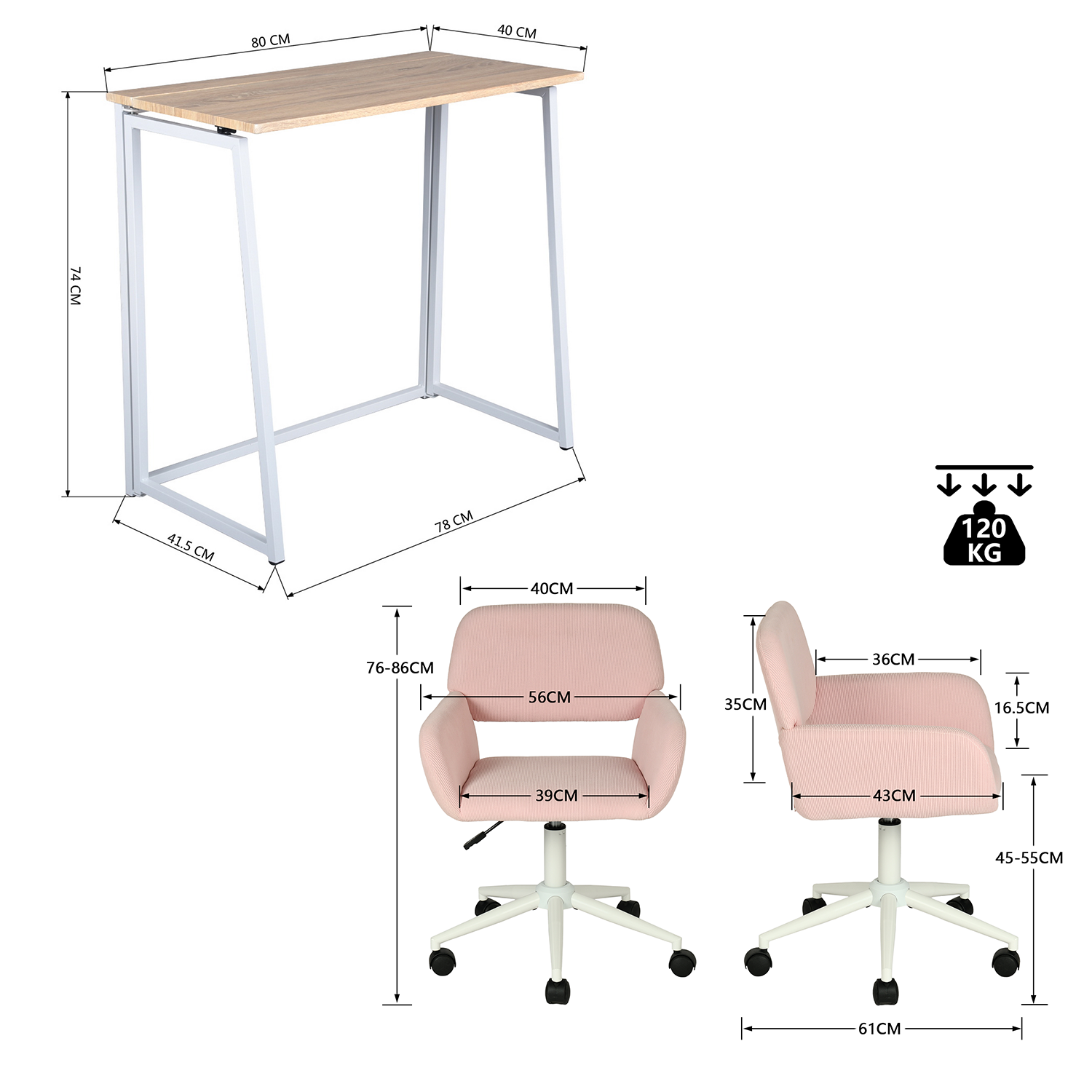 Ensemble bureau pliable et fauteuil de bureau en velours côtelé rose - ASCOLI & ROSS