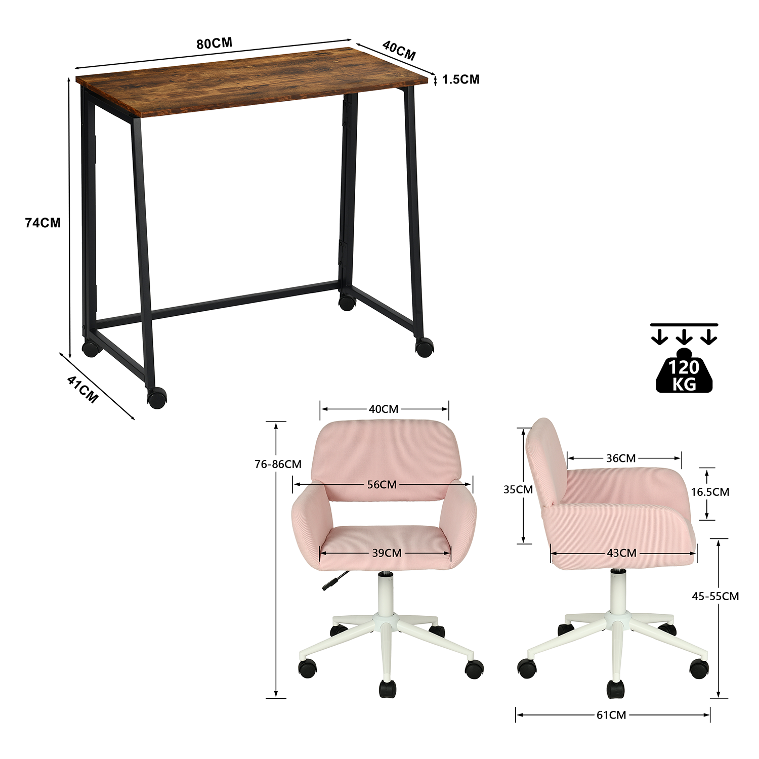 Ensemble avec bureau pliable industriel à roulettes et fauteuil en velours côtelé rose - ASCOLI & ROSS