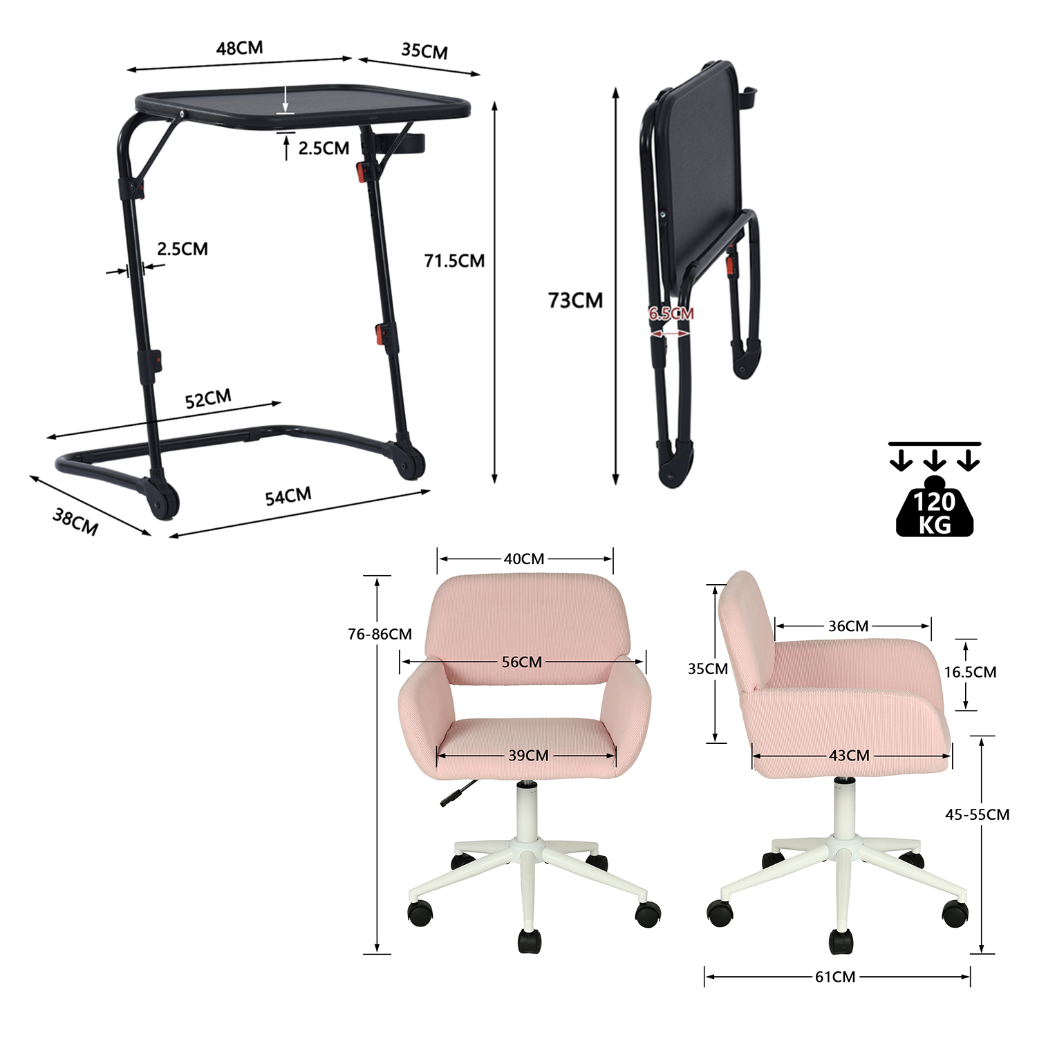 Ensemble avec table d’appoint noire pliable et fauteuil de bureau en velours côtelé rose - BASELINE & ROSS