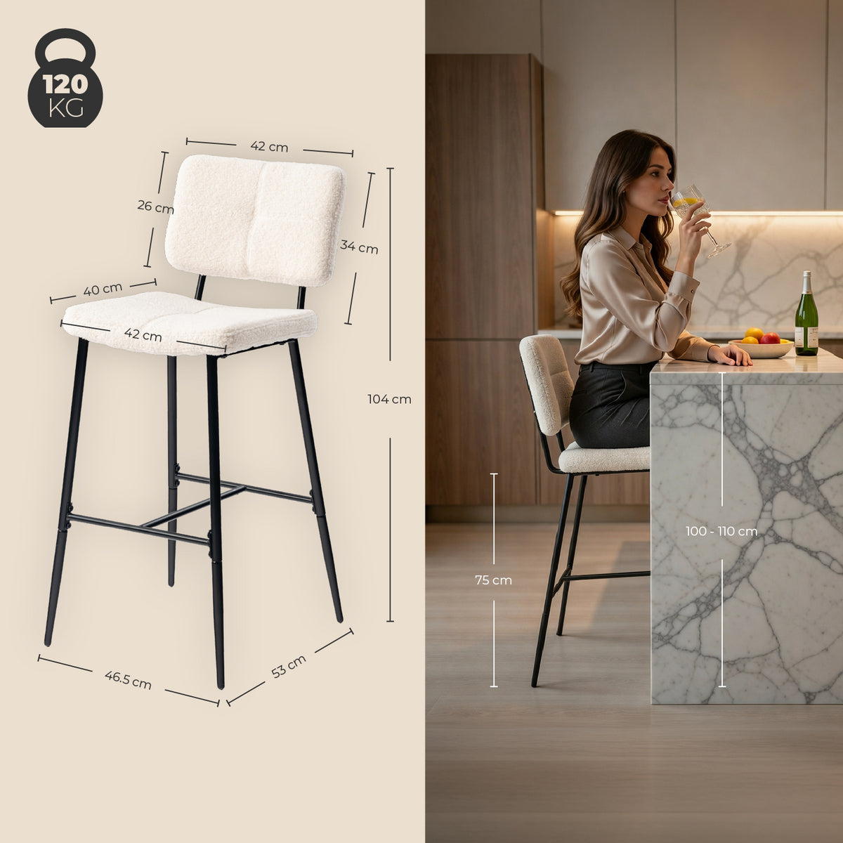 Lot de 2 tabourets de bar scandinaves avec dossier en tissu mouton bouclette beige  - POMONA BAR