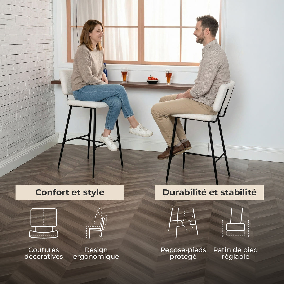 Lot de 2 tabourets de bar scandinaves avec dossier en tissu mouton bouclette beige  - POMONA BAR