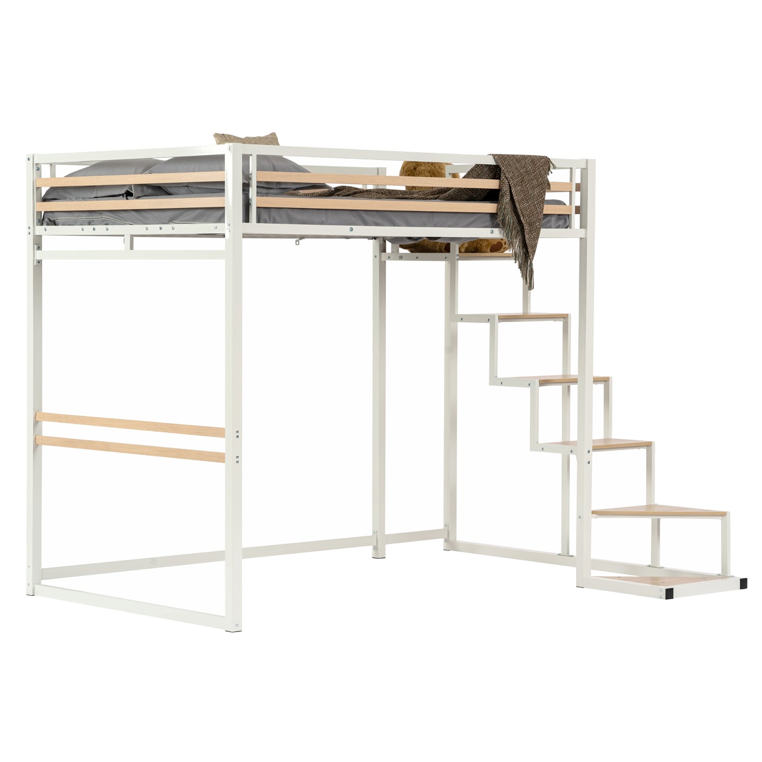 2 -seater mezzanine bed (140x200) with slatted box spring with industrial white and wood style (mattress not included) - up