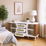 Buffet blanc moderne avec 3 tiroirs en rotin et portes coulissantes