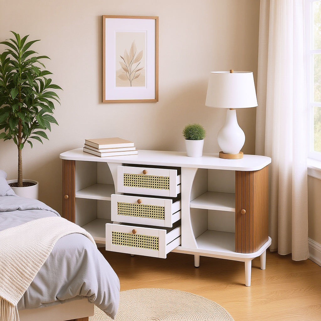 Buffet blanc moderne avec 3 tiroirs en rotin et portes coulissantes