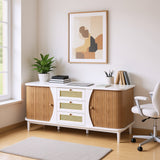 Buffet blanc moderne avec 3 tiroirs en rotin et portes coulissantes