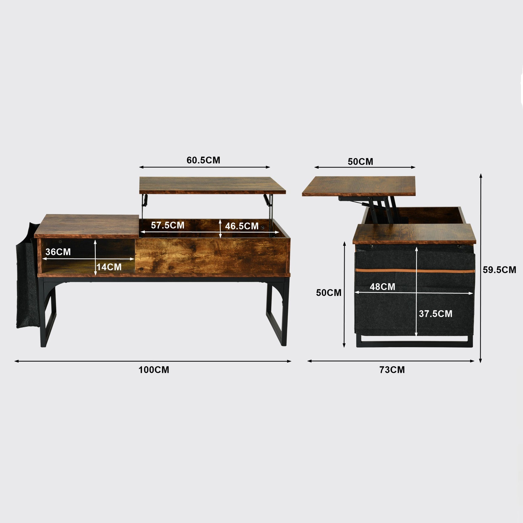 HIPTIAL COWABLE COWABLE mit verstecktem Speicher, Hebung und Seitentasche, Vintage -Holz und schwarzes Metall - Zola
