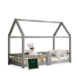 Lit cabane enfant 90x200 cm gris en bois massif avec tableau noir, sommier à lattes et barrières de sécurité, sans matelas