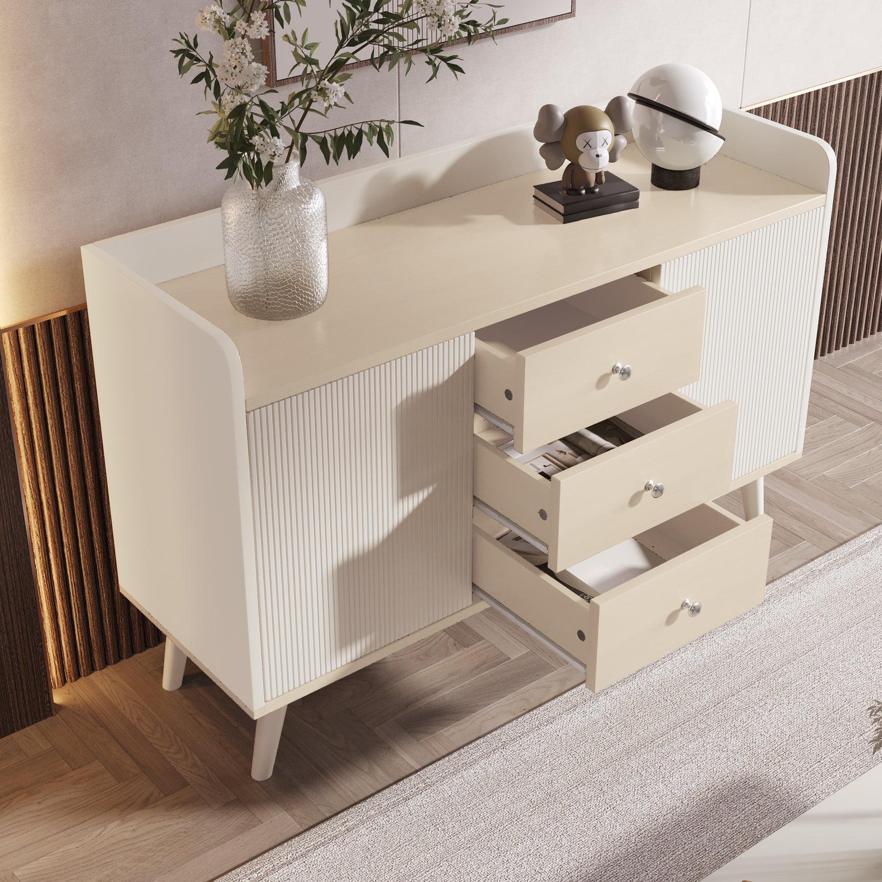 Buffet moderne blanc et bois avec 3 tiroirs et portes coulissantes à lattes