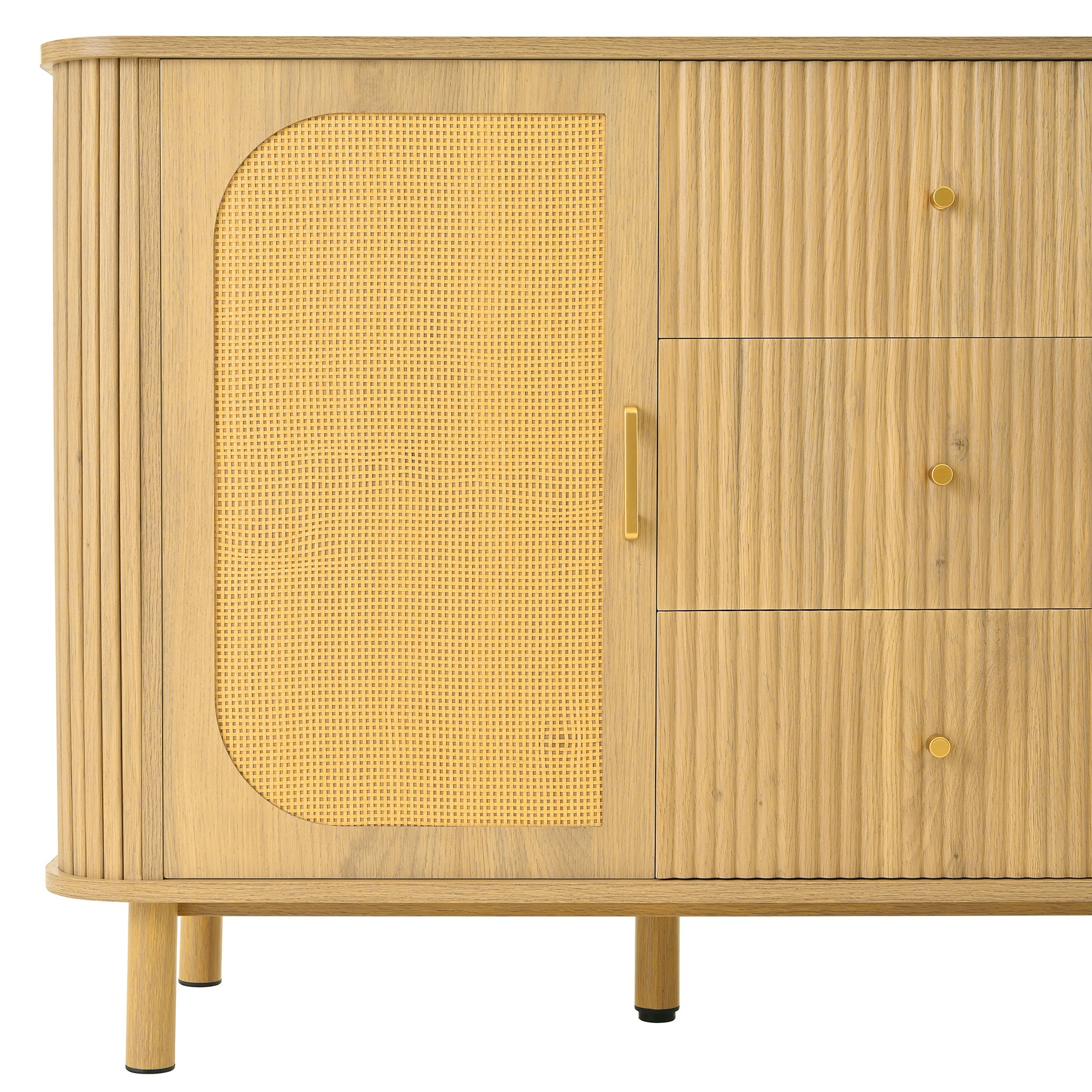 Eichen-Caning-Buffet mit 3 Schubladen, 2 Türen, einstellbaren Regalen und Anti-Breeching-Geräte-120 × 40 × 74 cm
