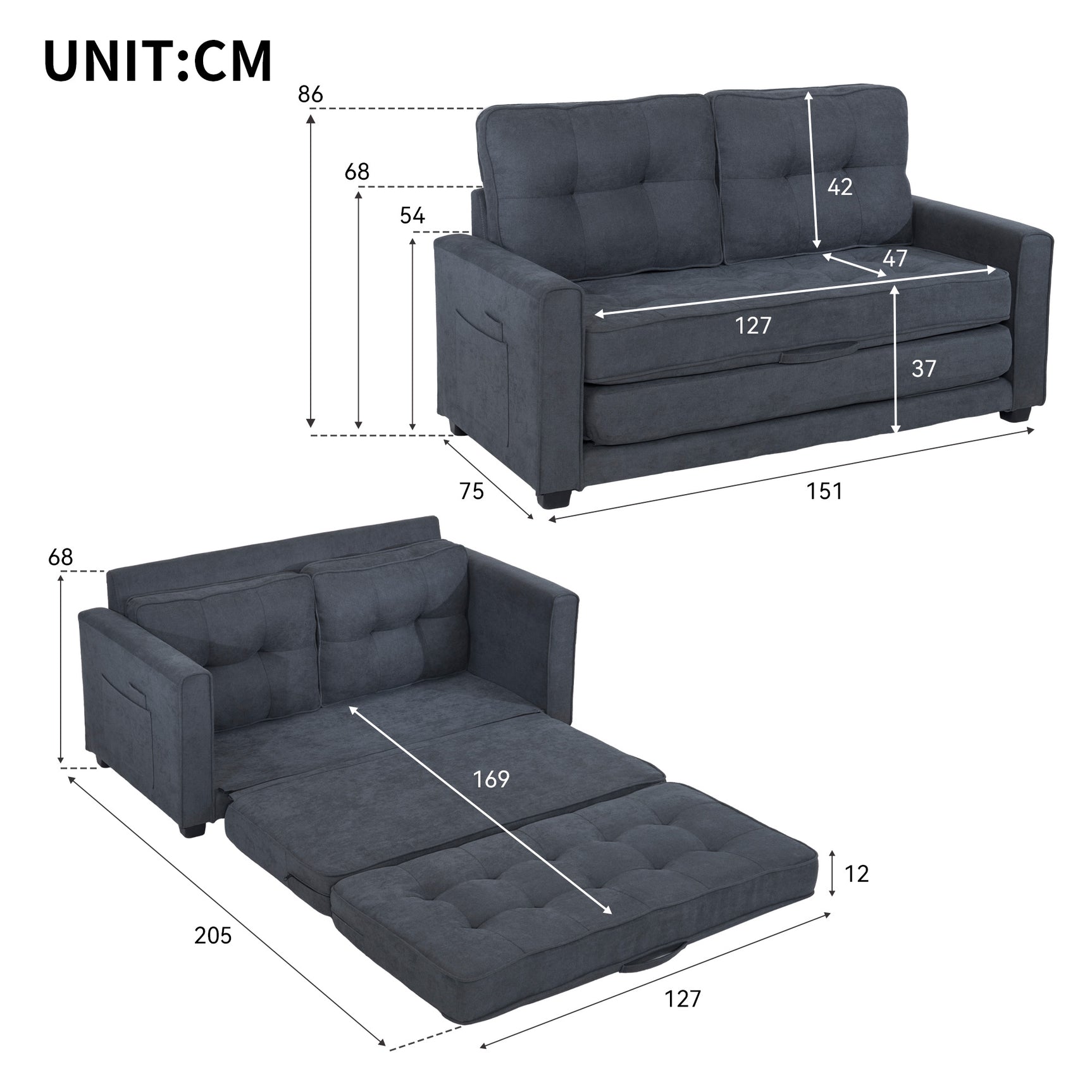 2-Sitzer-Schlafsofa aus dunkelgrauem Stoff mit Seitentaschen, modernes Schlafsofa