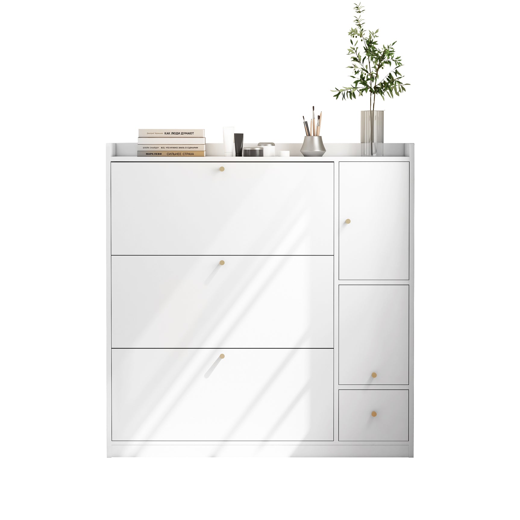 White shoe cabinet 119x24x122 cm with 3 tilting drawers, storage drawer, adjustable shelves and folding bench