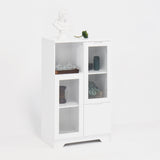 Buffet en MDF laqué blanc 65x30x100 cm avec portes vitrées, tiroir et espaces de rangement ouverts, idéal pour salon, chambre ou entrée
