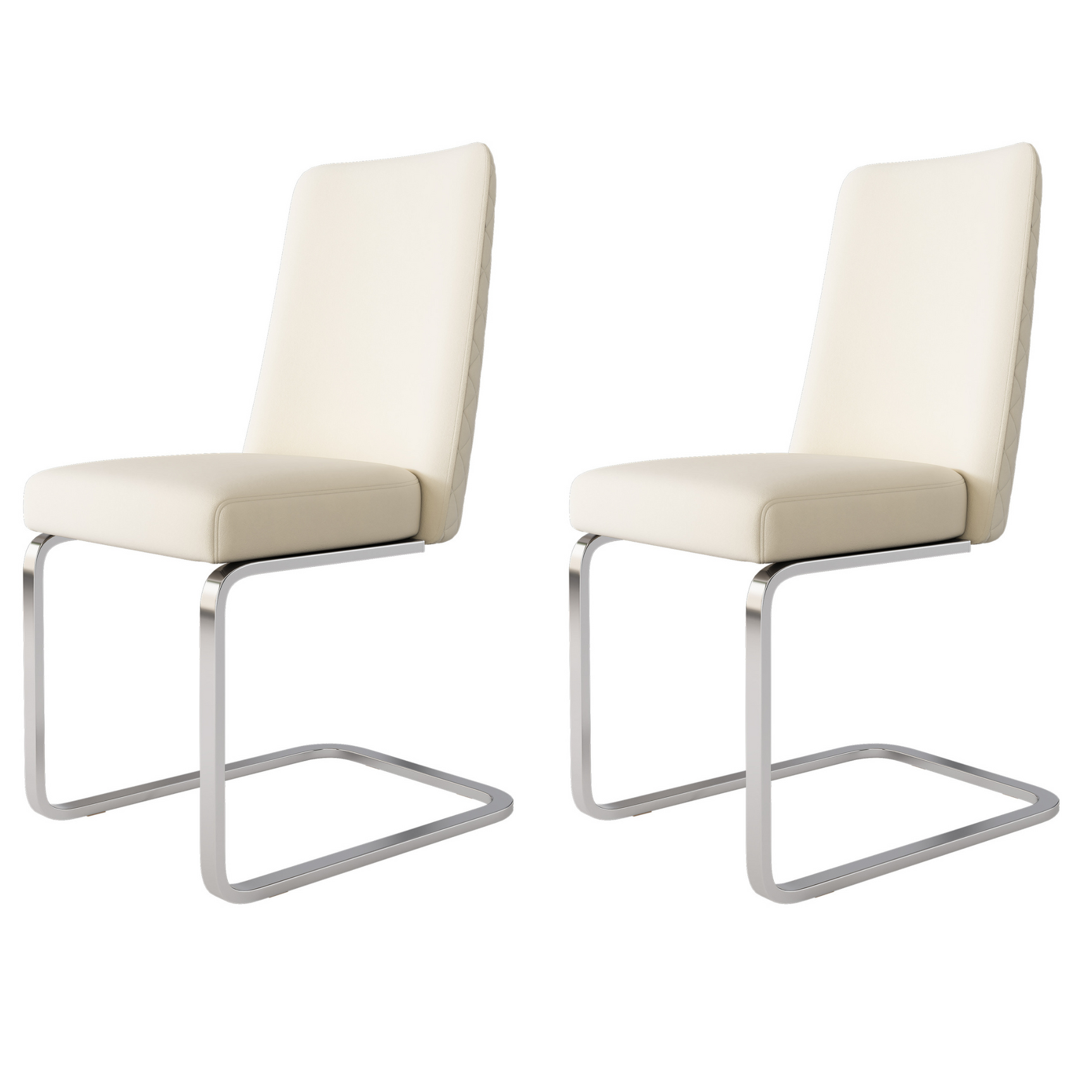 Set von 2 Beige Samt Essstühlen mit Diamantmuster und silbernen Metallfüßen hinten