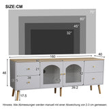 TV cabinet with 4 drawers and 2 glass doors in tempered glass, modern white design and natural wood