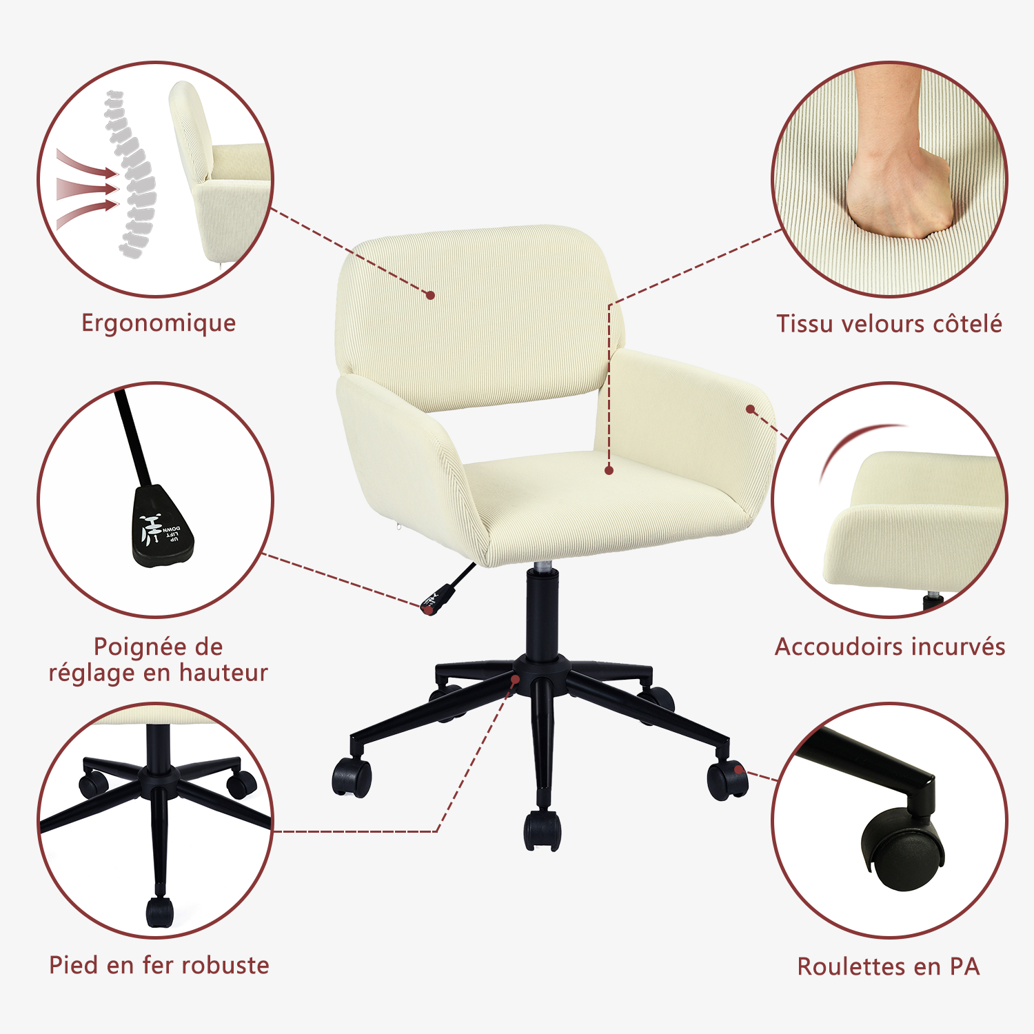 Fauteuil de bureau en velours côtelé beige, réglable en hauteur, rotation à 360° - ROSS
