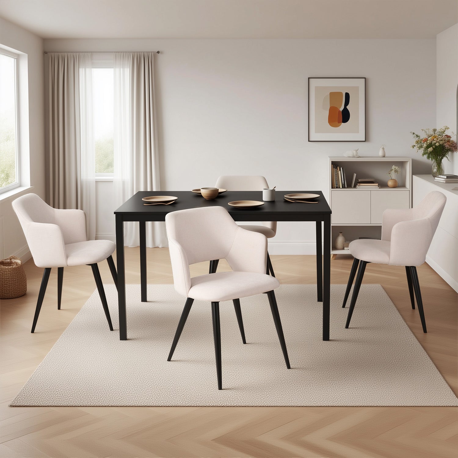 Runder Tisch in Walnussoptik Ø80 cm mit 4 schwarzen Samtstühlen, moderner und komfortabler Stil