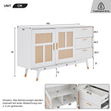 Decorative white rattan buffet with 2 rattan doors and 3 drawers, elegant multifunction storage unit with golden details, 160x40x87 cm