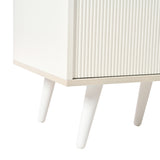 Buffet moderne blanc et bois avec 3 tiroirs et portes coulissantes à lattes