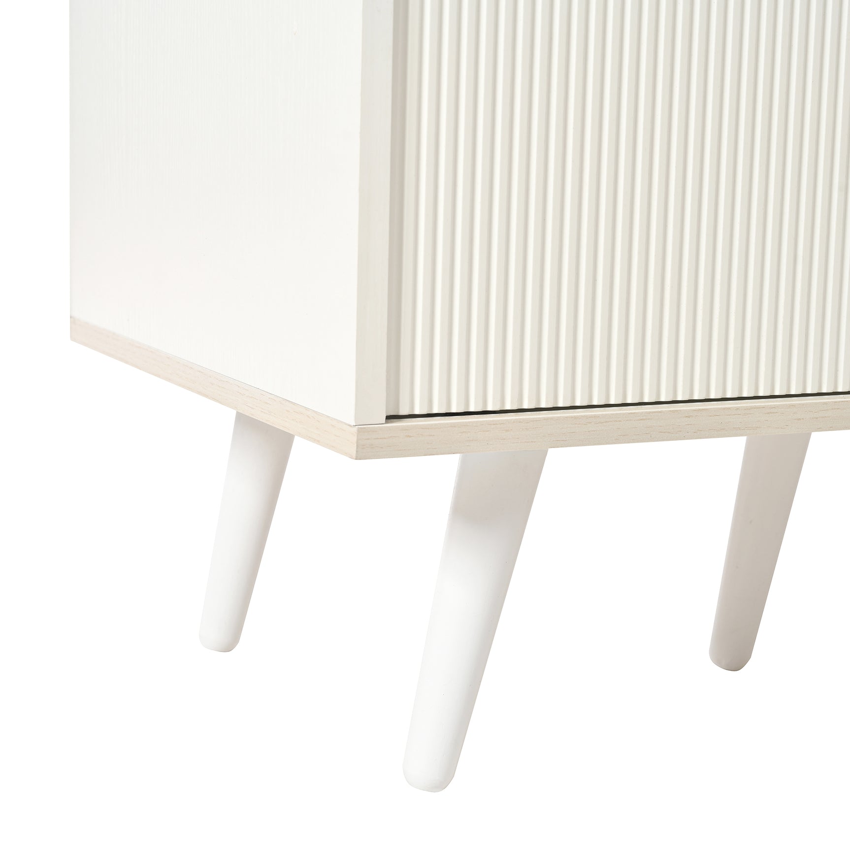 Buffet moderne blanc et bois avec 3 tiroirs et portes coulissantes à lattes