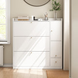 White shoe cabinet 119x24x122 cm with 3 tilting drawers, storage drawer, adjustable shelves and folding bench