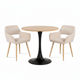 Ensemble de salle à manger de style scandinave comprenant une table ronde en chêne et 2 chaises en velours côtelé beige