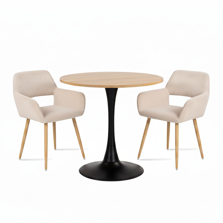 Ensemble de salle à manger de style scandinave comprenant une table ronde en chêne et 2 chaises en velours côtelé beige