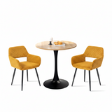 Ensemble de salle à manger de style scandinave comprenant une table ronde en chêne et 2 chaises en velours côtelé jaune