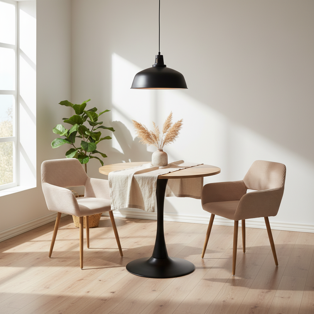 Ensemble de salle à manger de style scandinave comprenant une table ronde en chêne et 2 chaises en velours côtelé beige