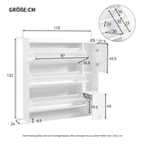 White shoe cabinet 119x24x122 cm with 3 tilting drawers, storage drawer, adjustable shelves and folding bench