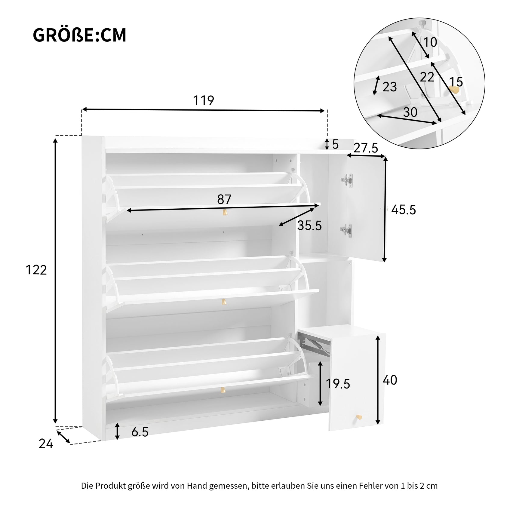 White shoe cabinet 119x24x122 cm with 3 tilting drawers, storage drawer, adjustable shelves and folding bench