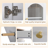 Buffet blanc et bois naturel avec 3 tiroirs et 3 portes cintrées en verre trempé, grand espace de rangement élégant