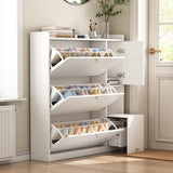 White shoe cabinet 119x24x122 cm with 3 tilting drawers, storage drawer, adjustable shelves and folding bench