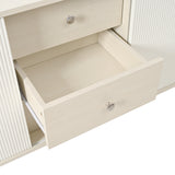 Buffet moderne blanc et bois avec 3 tiroirs et portes coulissantes à lattes