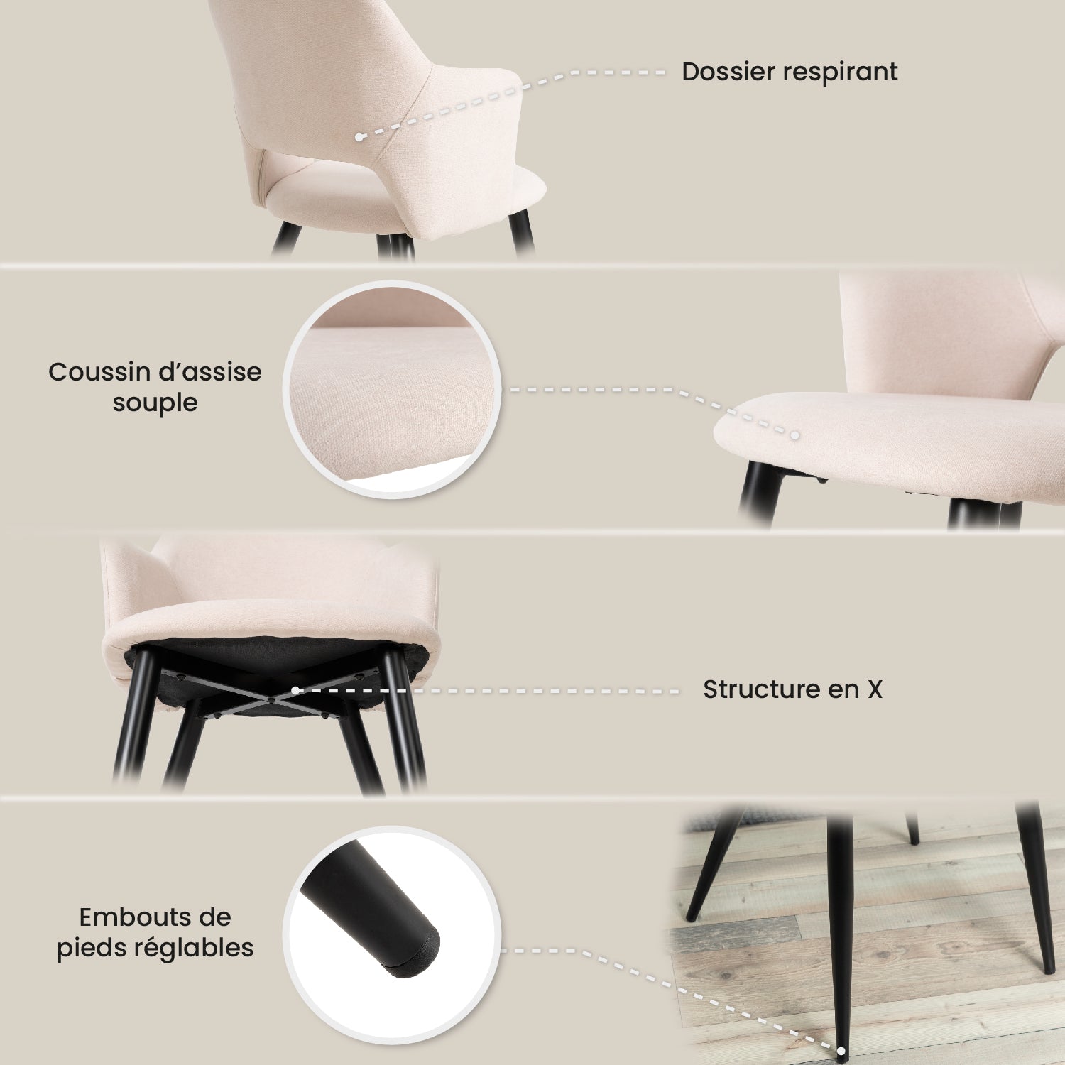 Ensemble table à manger ronde en chêne avec pieds en forme de X et 2 fauteuils en tissu beige de style scandinave pour salle à manger