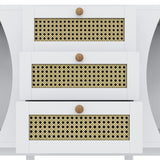 Buffet blanc moderne avec 3 tiroirs en rotin et portes coulissantes