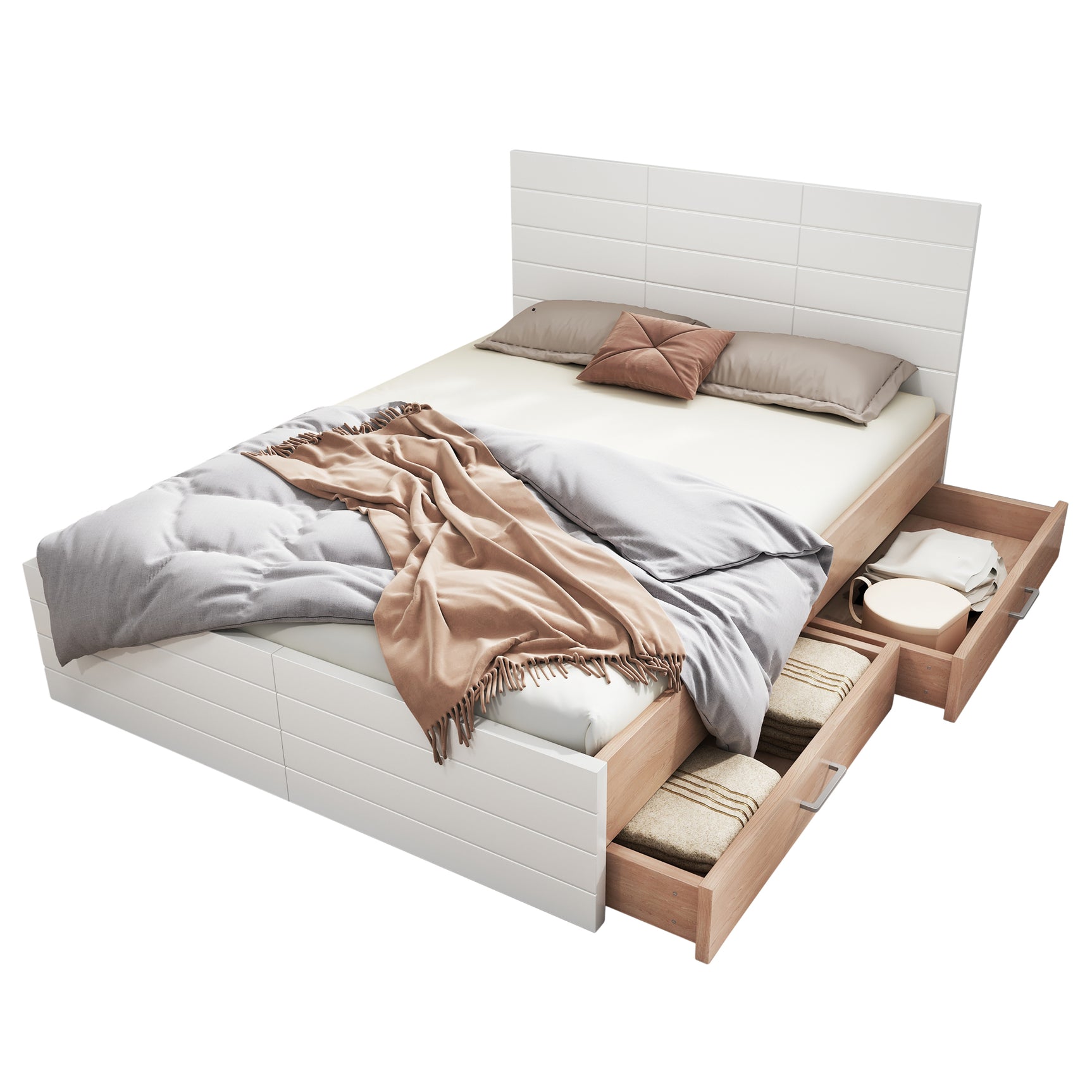 Doppelbett 140x200 cm in Holz mit Lattenbasis und 2 Lagerschubladen (ohne Matratzen)