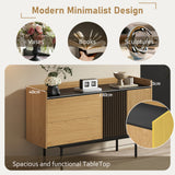 Modernes minimalistisches Buffet 130 cm mit 2 Schubladen, Türen und verstellbares Regal, schwarzes Tablett und Eichendekor, schwarze Metallfüße