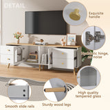TV cabinet with 4 drawers and 2 glass doors in tempered glass, modern white design and natural wood
