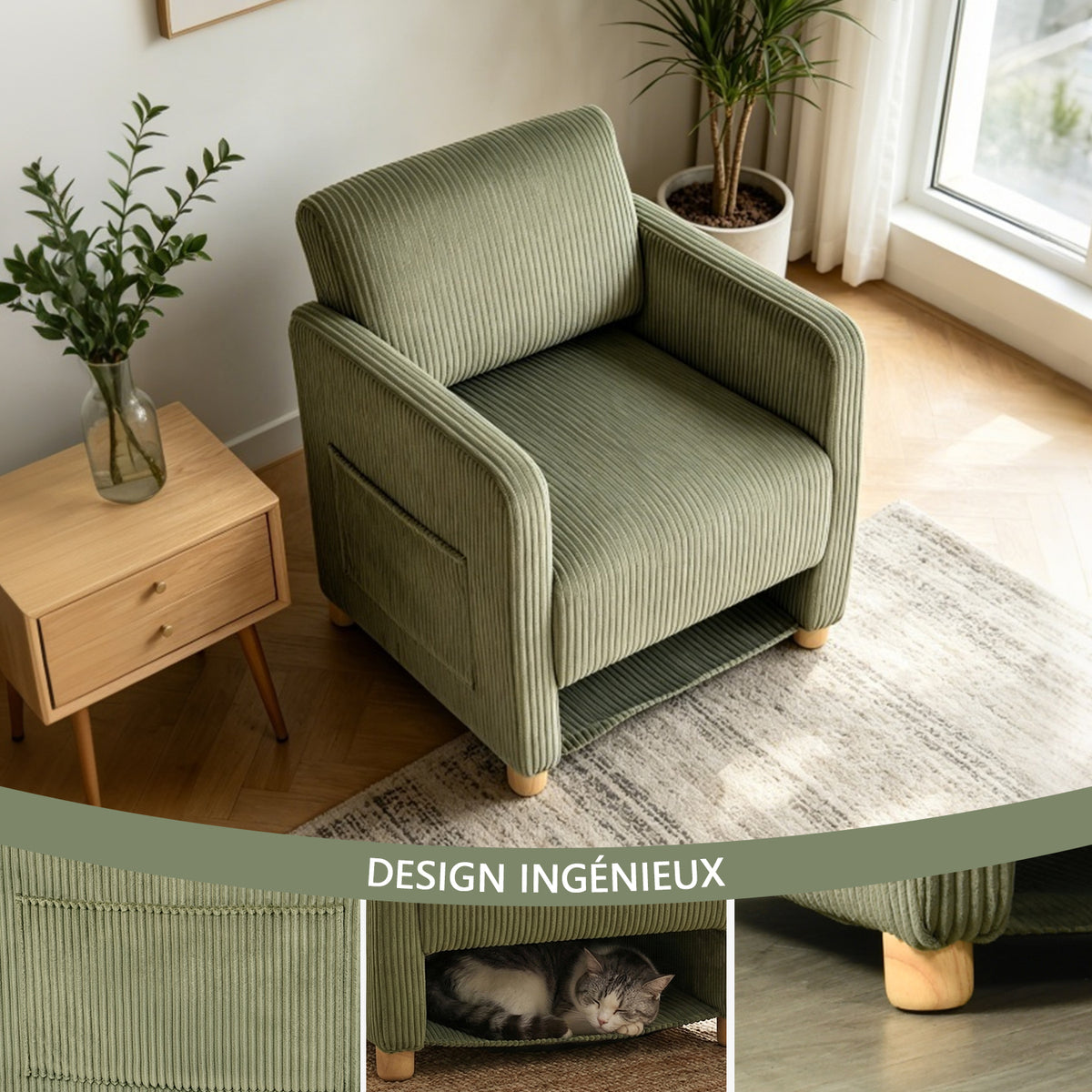 Loungesessel mit Armlehnen aus beigem Cord – DOMCO