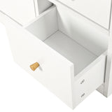 White shoe cabinet 119x24x122 cm with 3 tilting drawers, storage drawer, adjustable shelves and folding bench