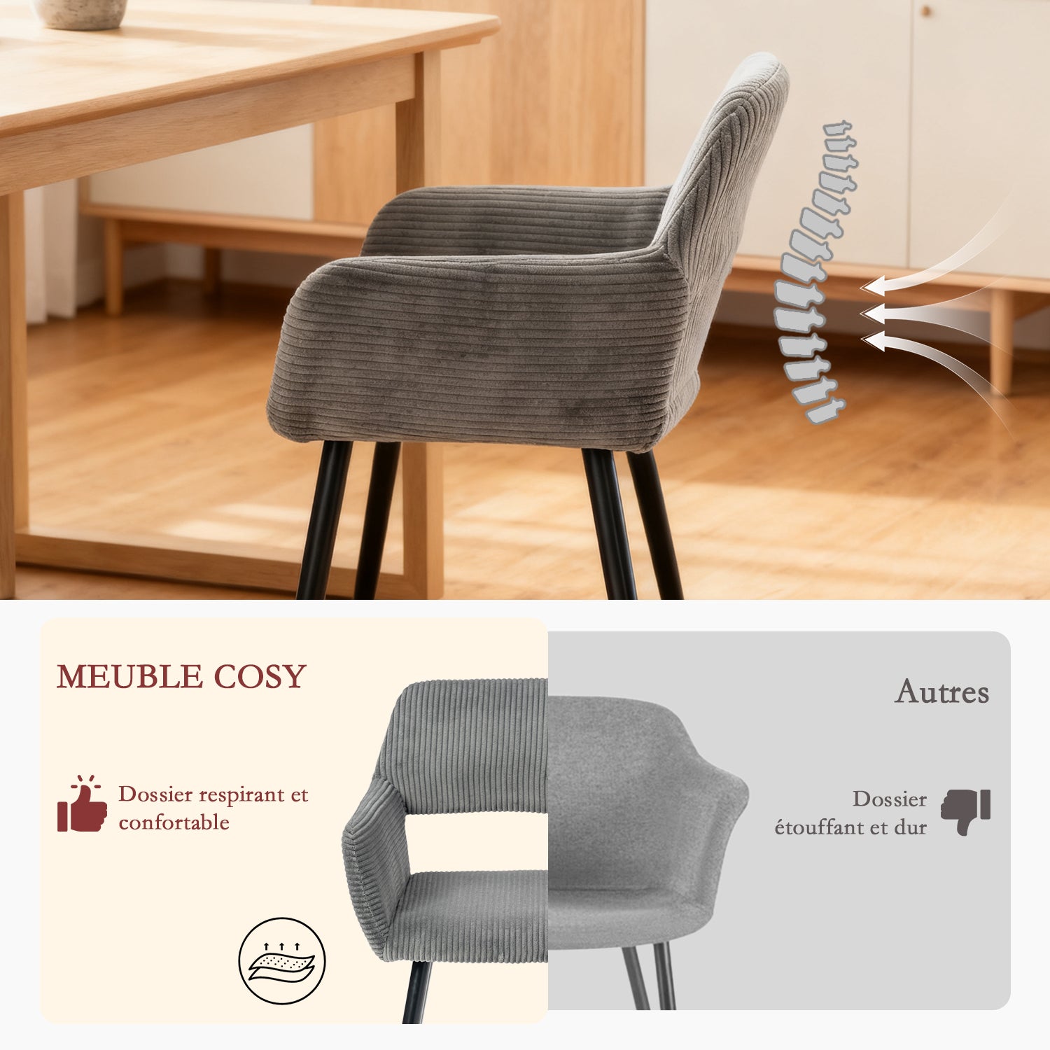 Ensemble de salle à manger de style scandinave comprenant une table ronde en chêne et 2 chaises en velours côtelé gris