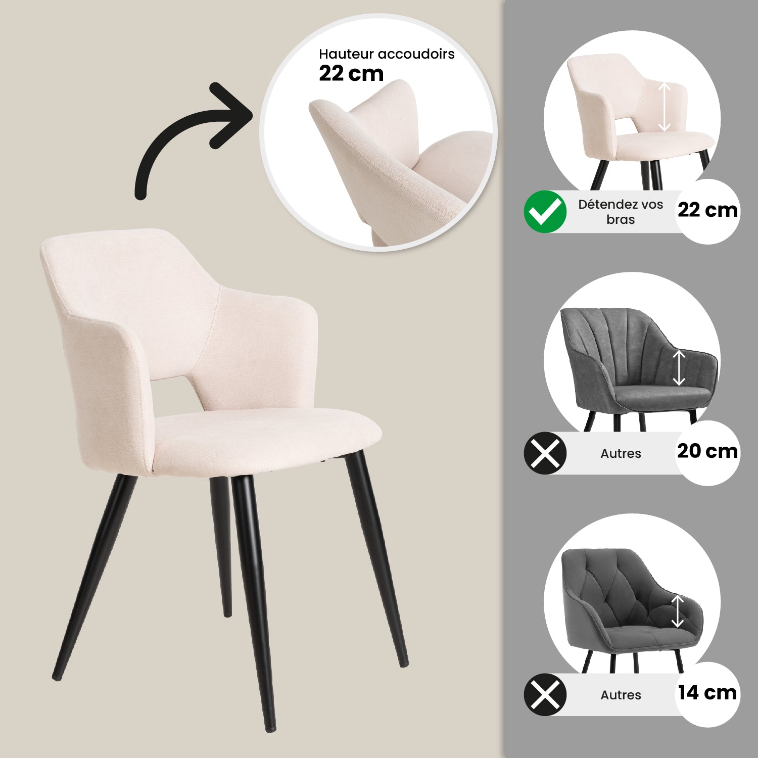 Ensemble table à manger ronde en chêne avec pieds en forme de X et 2 fauteuils en tissu beige de style scandinave pour salle à manger