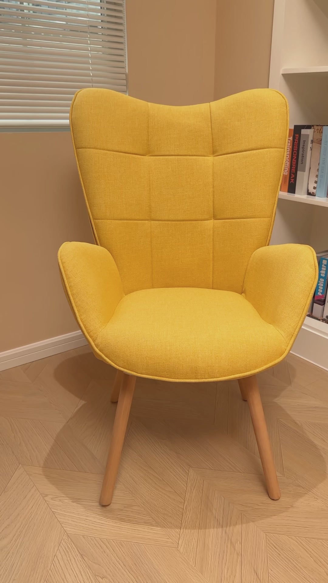 Scandinavian armchair with armrests in yellow fabric with stitching - bogdan