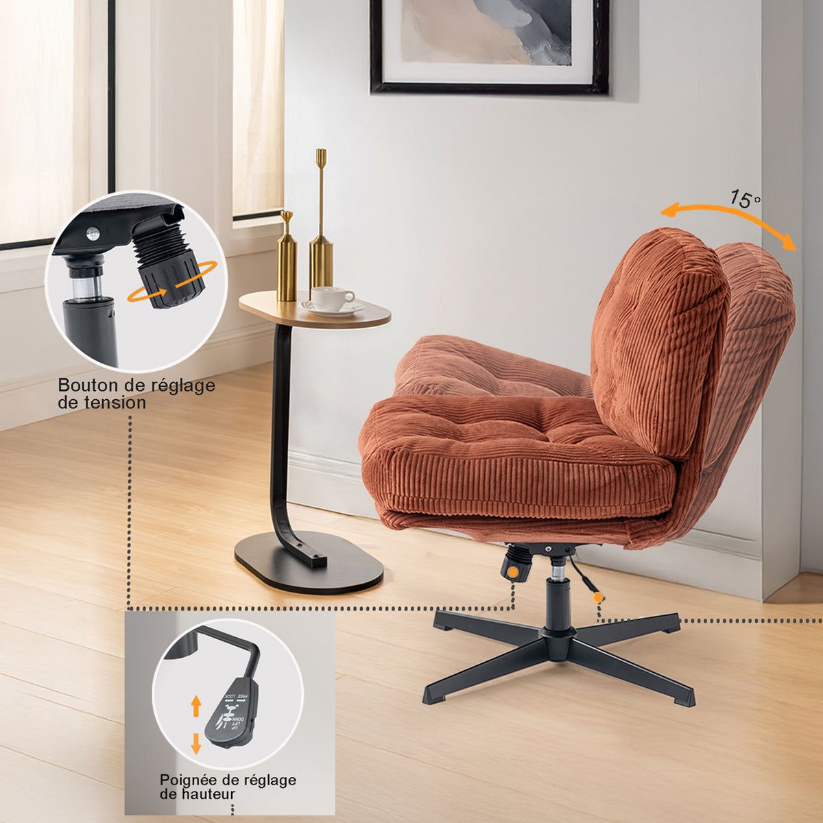 Fauteuil lounge pivotant et réglable en en velours côtelé brique - ALINTONEX