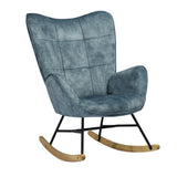 Fauteuil à bascule allaitement scandinave avec accoudoirs en velours bleu à surpiqûres - KELAN